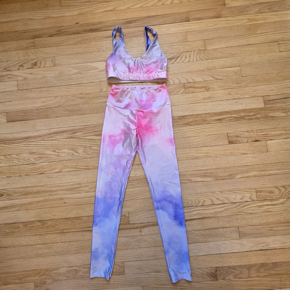 Goldsheep Pink Purple Tie-Dye Sports Bra and Leggings Set